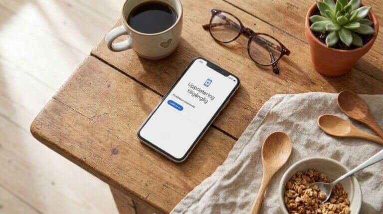 En smartphone med skärmen ”Uppdaterar Instagram” ligger på ett träbord bredvid en kaffekopp, ett par glasögon, en suckulent i kruka, träskedar och en skål med granola på en servett.