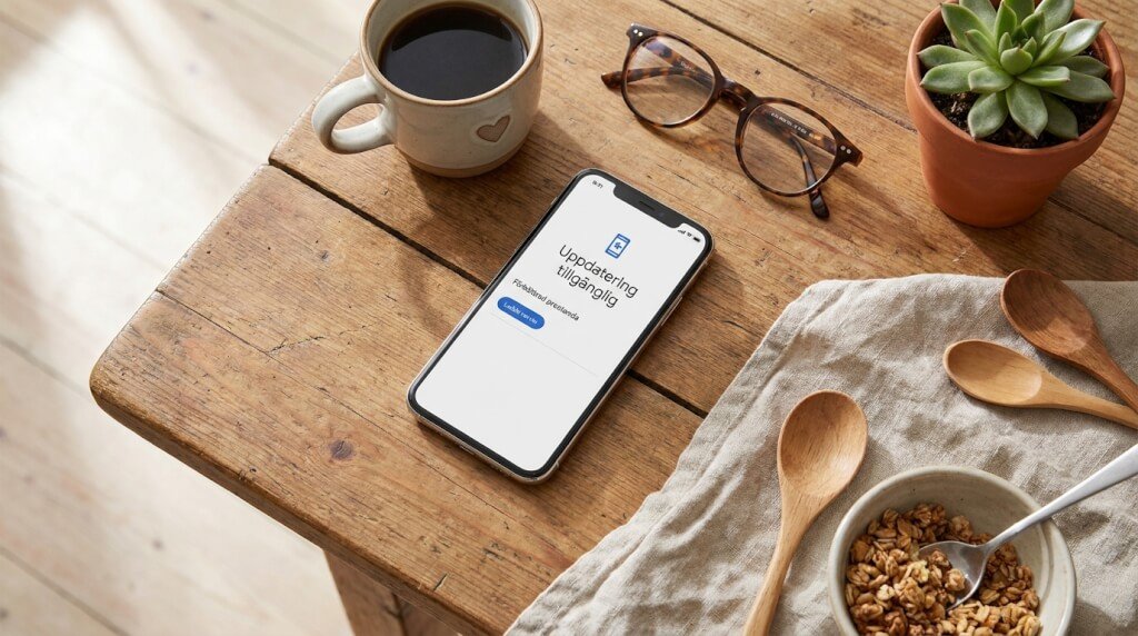 En smartphone med skärmen ”Uppdaterar Instagram” ligger på ett träbord bredvid en kaffekopp, ett par glasögon, en suckulent i kruka, träskedar och en skål med granola på en servett.