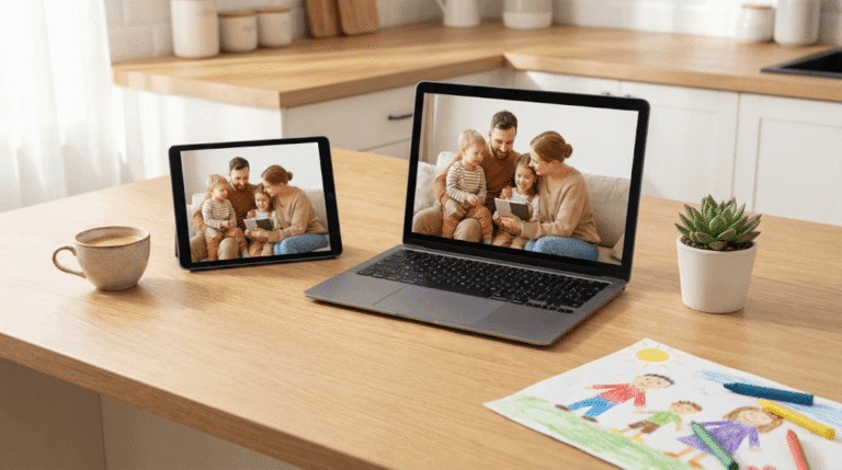 En surfplatta och en bärbar dator på ett träbord visar samma familjefoto. I närheten står en kaffekopp, en suckulent och en barns färgglad teckning. Köksdelen syns i bakgrunden.