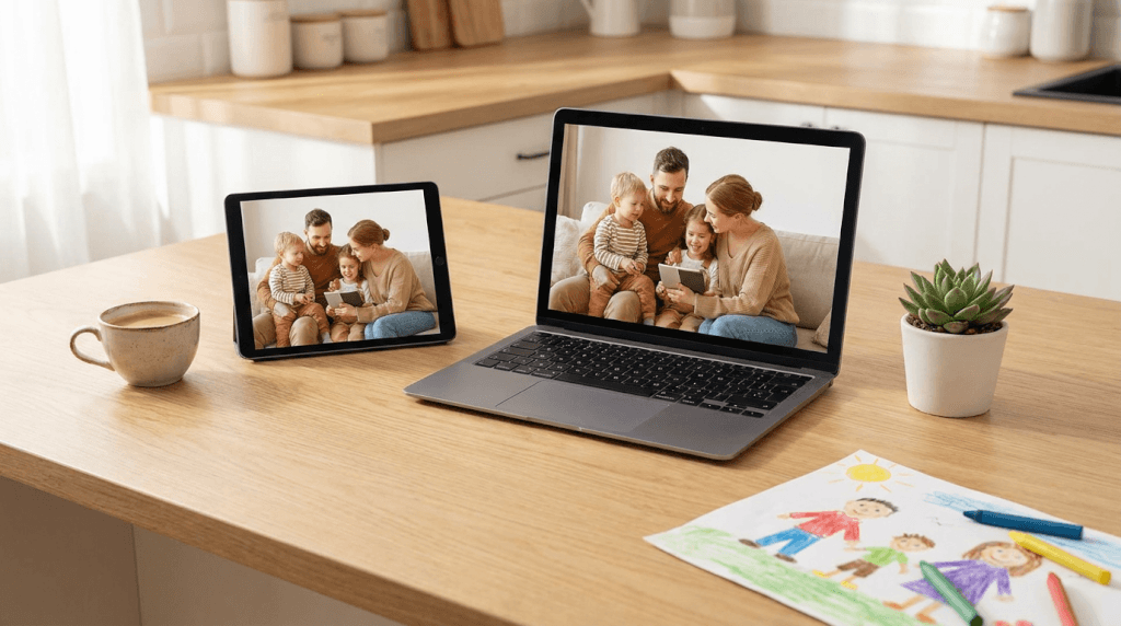 En surfplatta och en bärbar dator på ett träbord visar samma familjefoto. I närheten står en kaffekopp, en suckulent och en barns färgglad teckning. Köksdelen syns i bakgrunden.