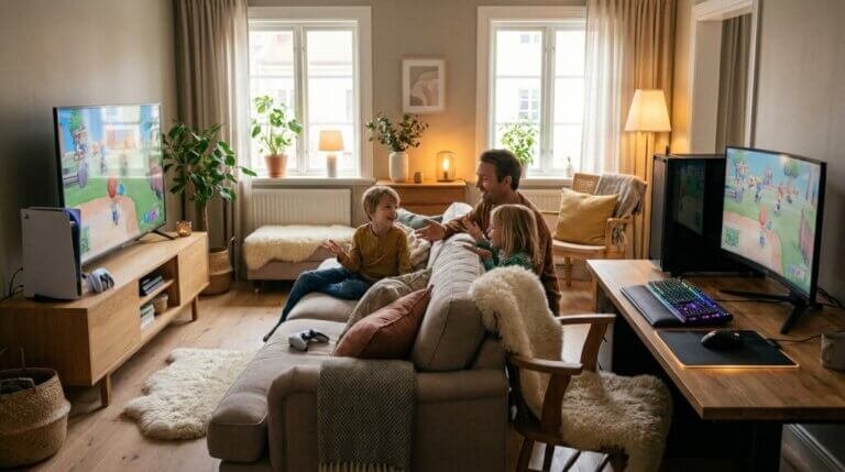 En familj sitter på en soffa i ett mysigt vardagsrum och spelar tv-spel tillsammans. Det finns två tv-skärmar, en spel-PC, växter, dämpad belysning och stora fönster som släpper in naturligt ljus.