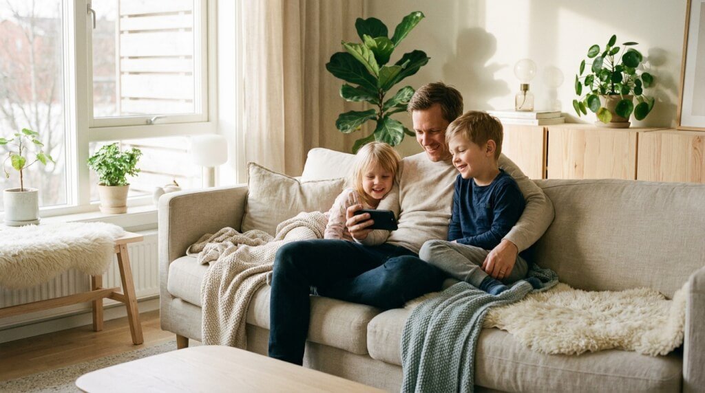 En man och två barn sitter på en mysig soffa, ler och tittar tillsammans på en smartphone i ett ljust, solbelyst vardagsrum med växter och mjuka filtar.