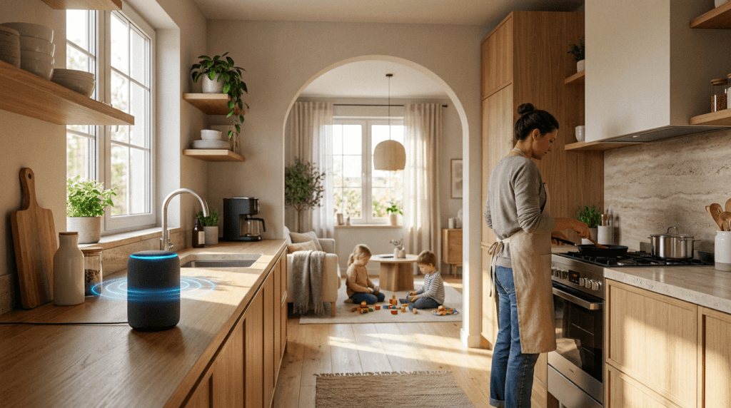 En kvinna lagar mat i ett modernt kök med träskåp, medan två barn leker med leksaker i vardagsrummet. En smart högtalare står på bänkskivan, och solljuset strömmar in genom de stora fönstren.