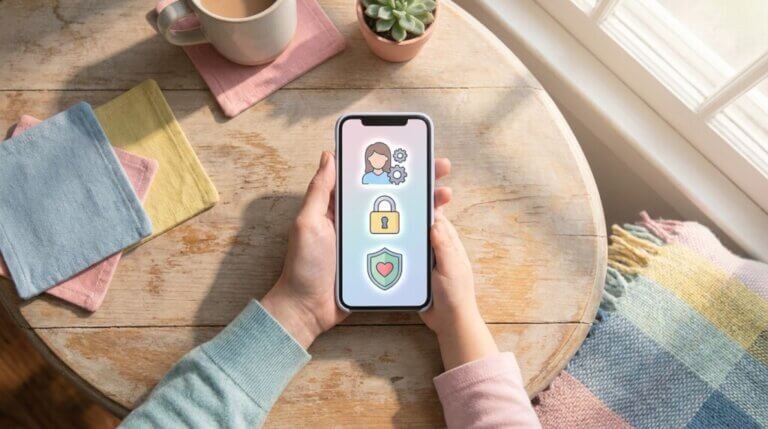 En person håller i en smartphone där ikonerna för användarprofil, hänglås och sköld syns, vilket symboliserar säkerhet. Telefonen ligger på ett träbord med en kopp, servetter, en växt och en färgglad randig filt i närheten.