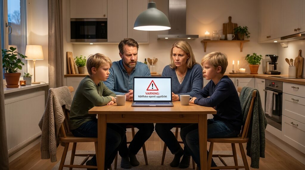 En familj på fyra personer sitter runt ett köksbord och tittar oroligt på en bärbar dator där en varningstext visas. Köket är varmt upplyst, med växter och ljus i bakgrunden.