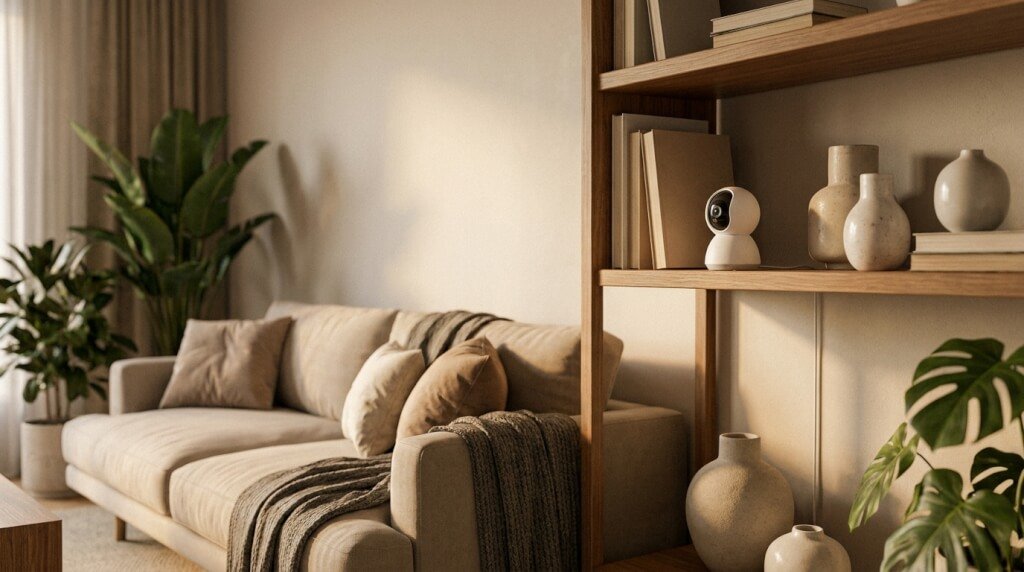 Ett mysigt vardagsrum med en beige soffa, en pläd, krukväxter och en trähylla med böcker, vaser i neutrala färger och en liten övervakningskamera. Solljuset strilar in genom tunna gardiner.