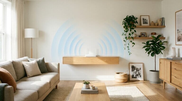 Ett modernt vardagsrum med soffa, soffbord, växter och hyllor. En vit Wi-Fi-router står på en svävande trähylla, och på väggen bakom den är blå signalvågor målade. Naturligt ljus fyller rummet.