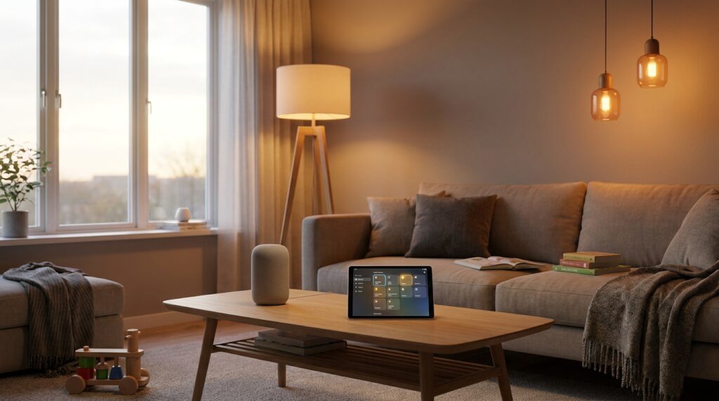 Ett mysigt vardagsrum med en grå soffa, prydnadskuddar, en golvlampa och ett soffbord i trä där det står en surfplatta och en smart högtalare. Varm belysning och ett stort fönster skapar en behaglig stämning.