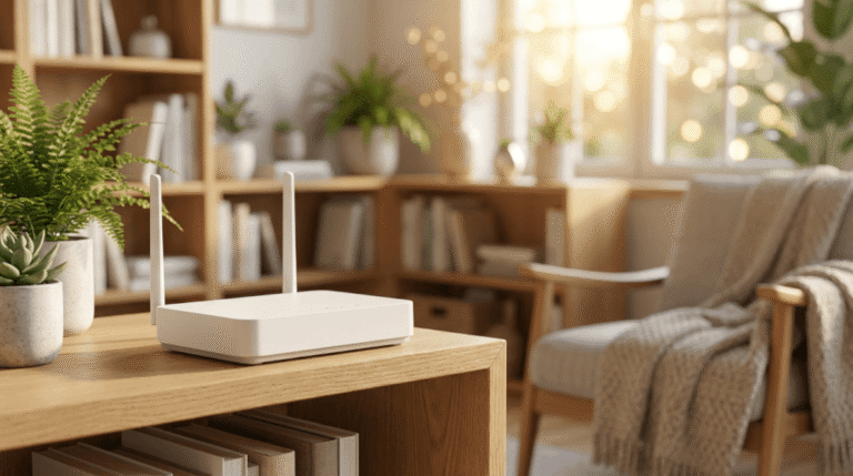 En vit trådlös router med två antenner står på en trähylla i ett mysigt, solbelyst vardagsrum som är inrett med växter, böcker och bekväma möbler.