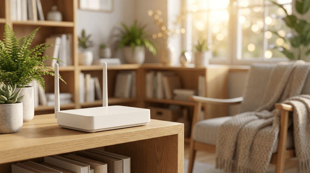 En vit trådlös router med två antenner står på en trähylla i ett mysigt, solbelyst vardagsrum som är inrett med växter, böcker och bekväma möbler.